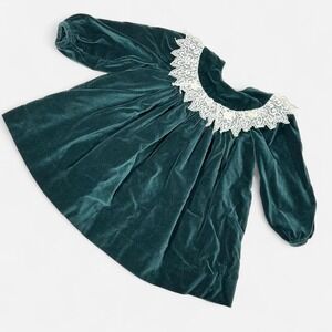 Vintage 90s Baby Green Velvet Dress, Ruffle Lace, Size 24 Months